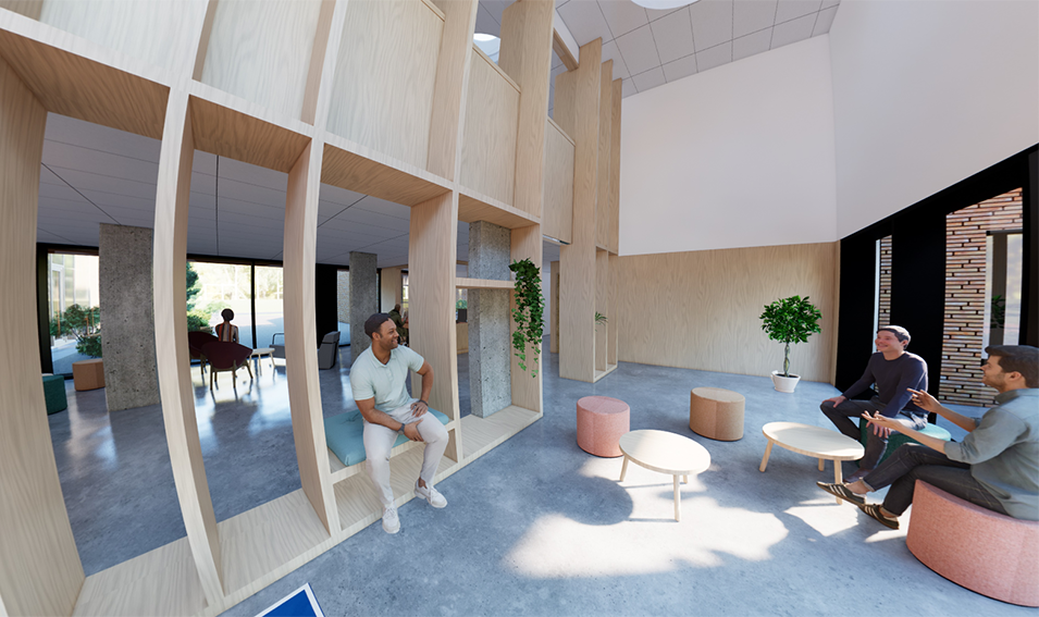 Vue immersive de la pièce d'accueil du futur bâtiment PHILEAS